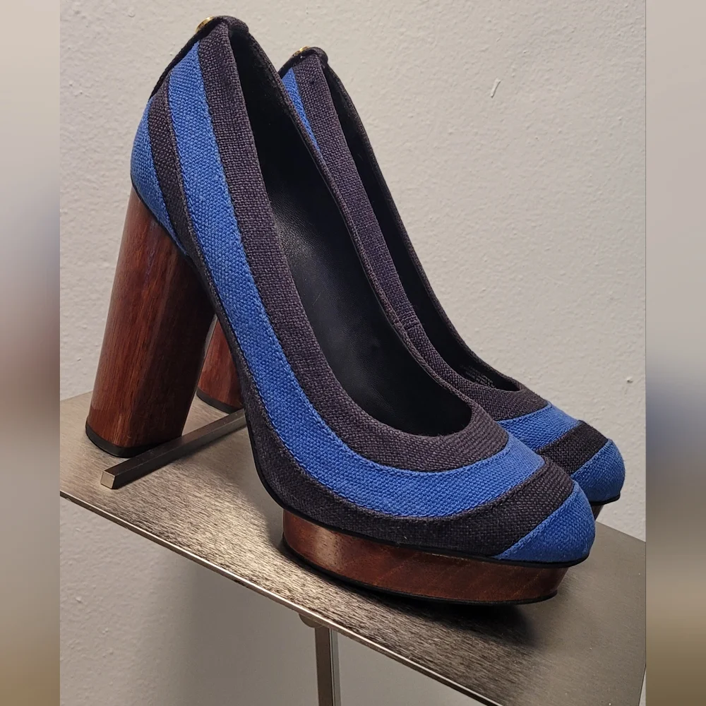 Tory Burch Black and Blue Wedges with Wooden Heel - Picture 6 of 9